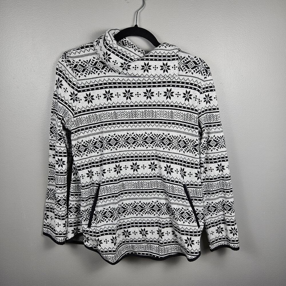 T by Talbots Fair Isle Cowl Neck Pullover Cotton Top Gray Black Long Sleeve Sz M
